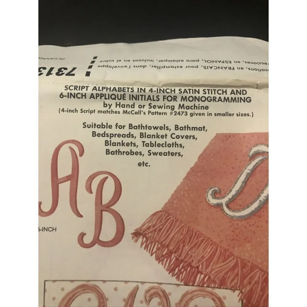 McCalls Pattern  7313 Initial Monogramming Uncut Vintage